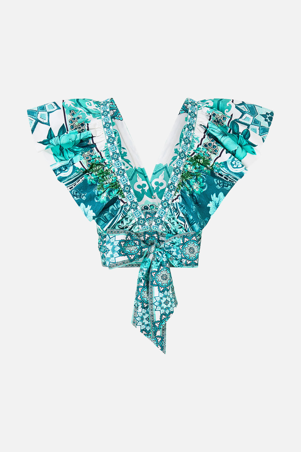 The CAMILLA RUFFLE WRAP TOP DAUGHTERS OF DUENDE in our  print.