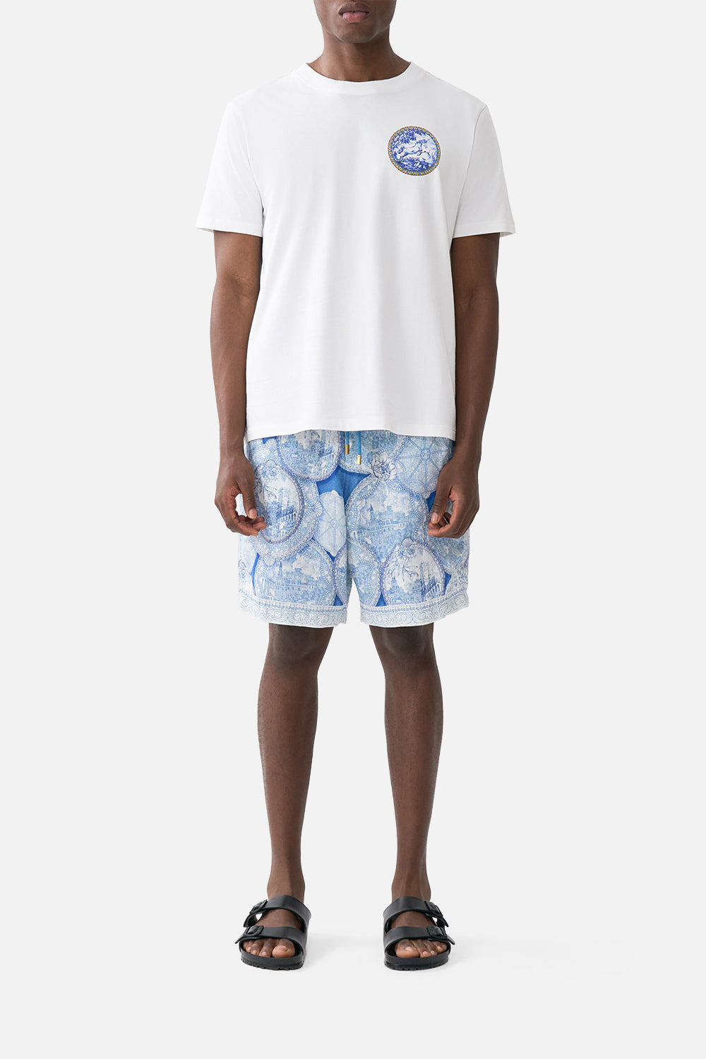 The CAMILLA OFF SHOULDER SHORT DRESS DIAL UP THE TILES in our  print.