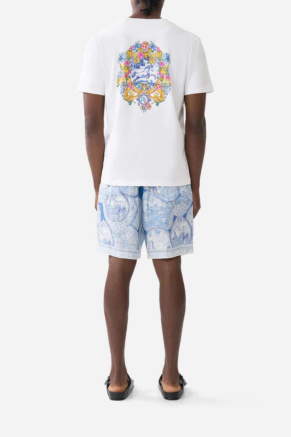 The CAMILLA OFF SHOULDER SHORT DRESS DIAL UP THE TILES in our  print.