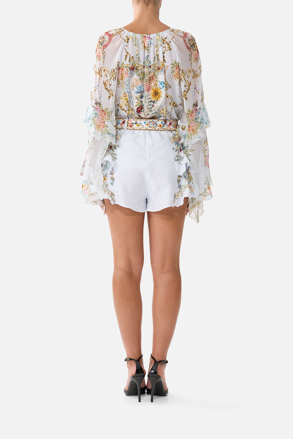 The CAMILLA CROP BLOUSON JACKET THE HUM OF THE ALHAMBRA in our  print.