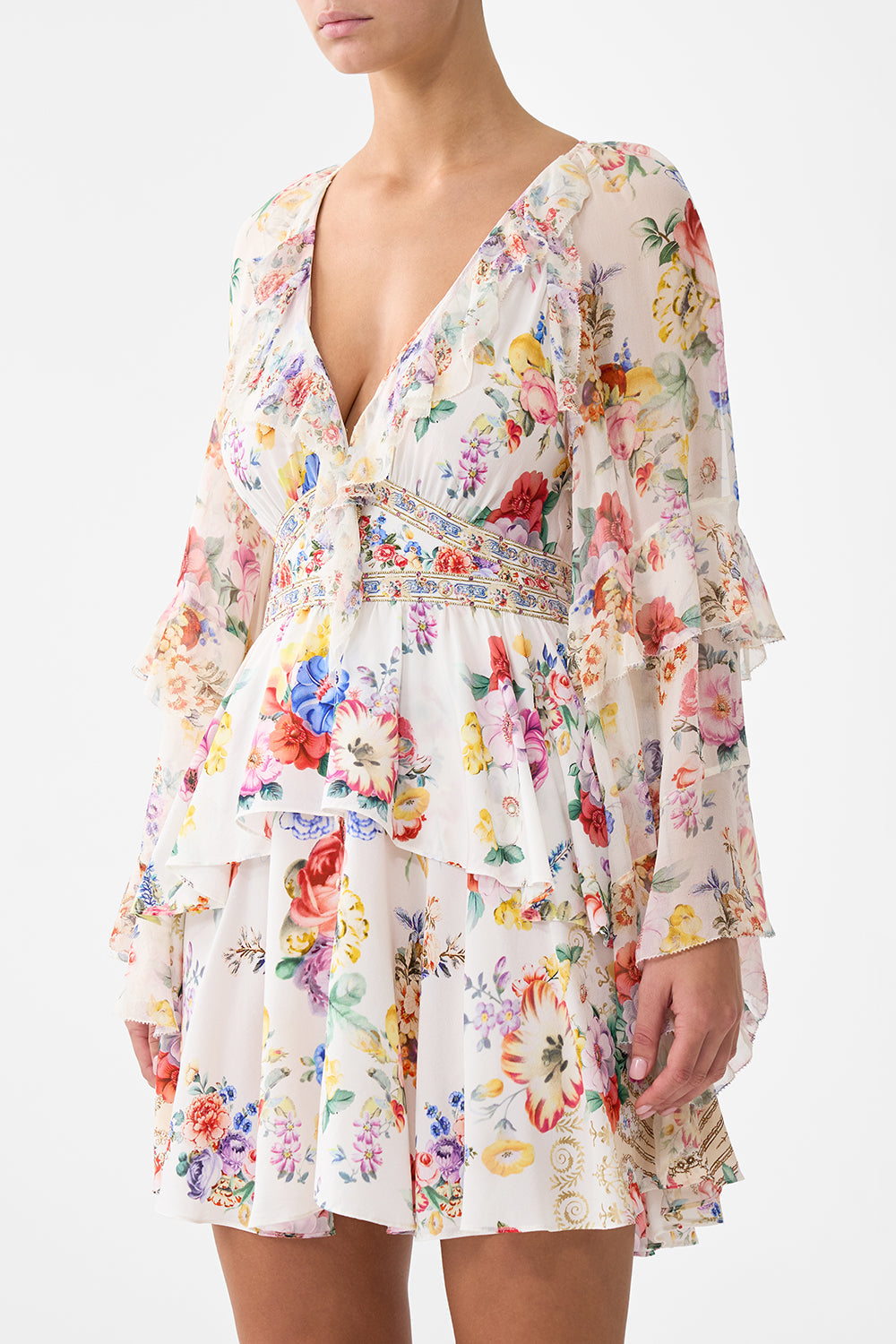 The CAMILLA ASYMMETRIC FRILL PANELLED DRESS FLAMENCO FOLKLORE in our  print.