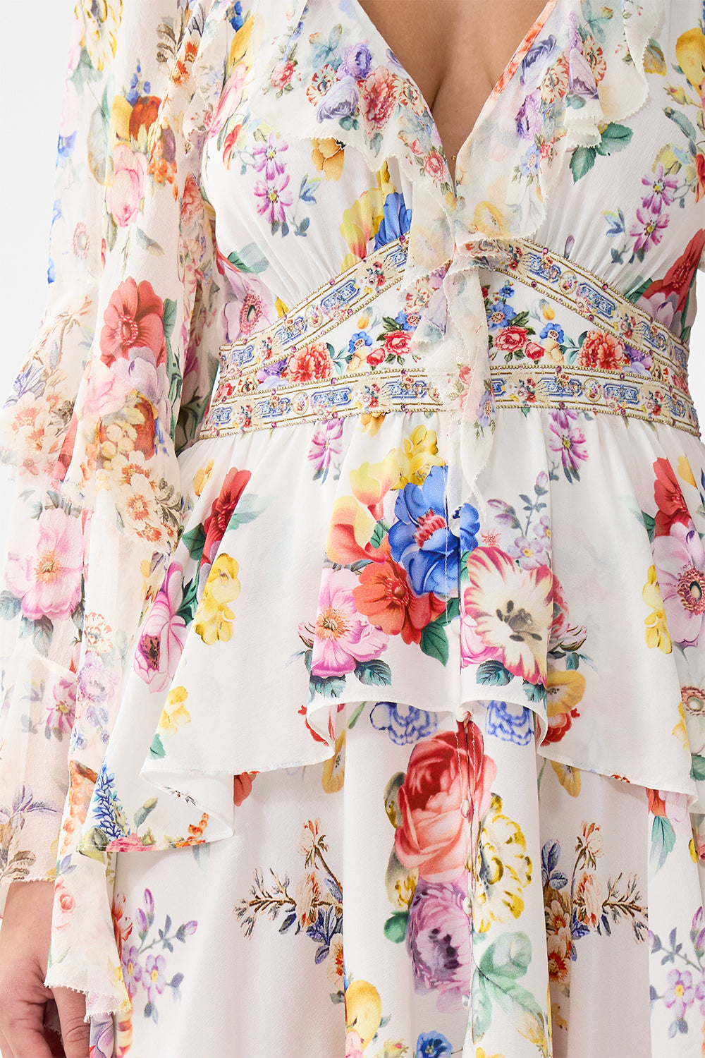 The CAMILLA ASYMMETRIC FRILL PANELLED DRESS FLAMENCO FOLKLORE in our  print.
