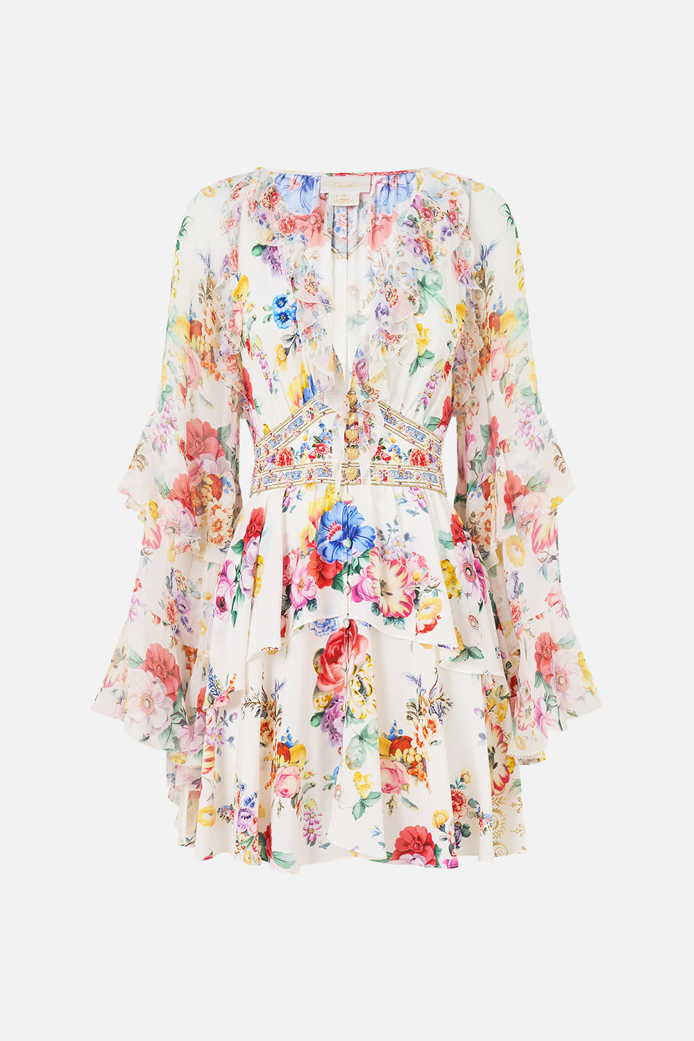 The CAMILLA ASYMMETRIC FRILL PANELLED DRESS FLAMENCO FOLKLORE in our  print.