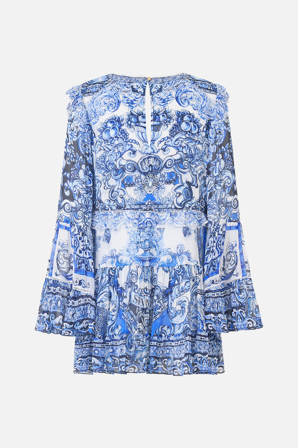The CAMILLA JERSEY SPLICED TIERED SKIRT MIDSUMMER MOSAICS in our MIDSUMMER MOSAICS print.