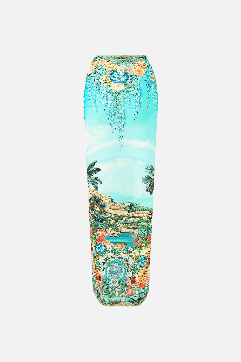 The CAMILLA ALIKA HIGH NECK JACKET DENIM in our  print.