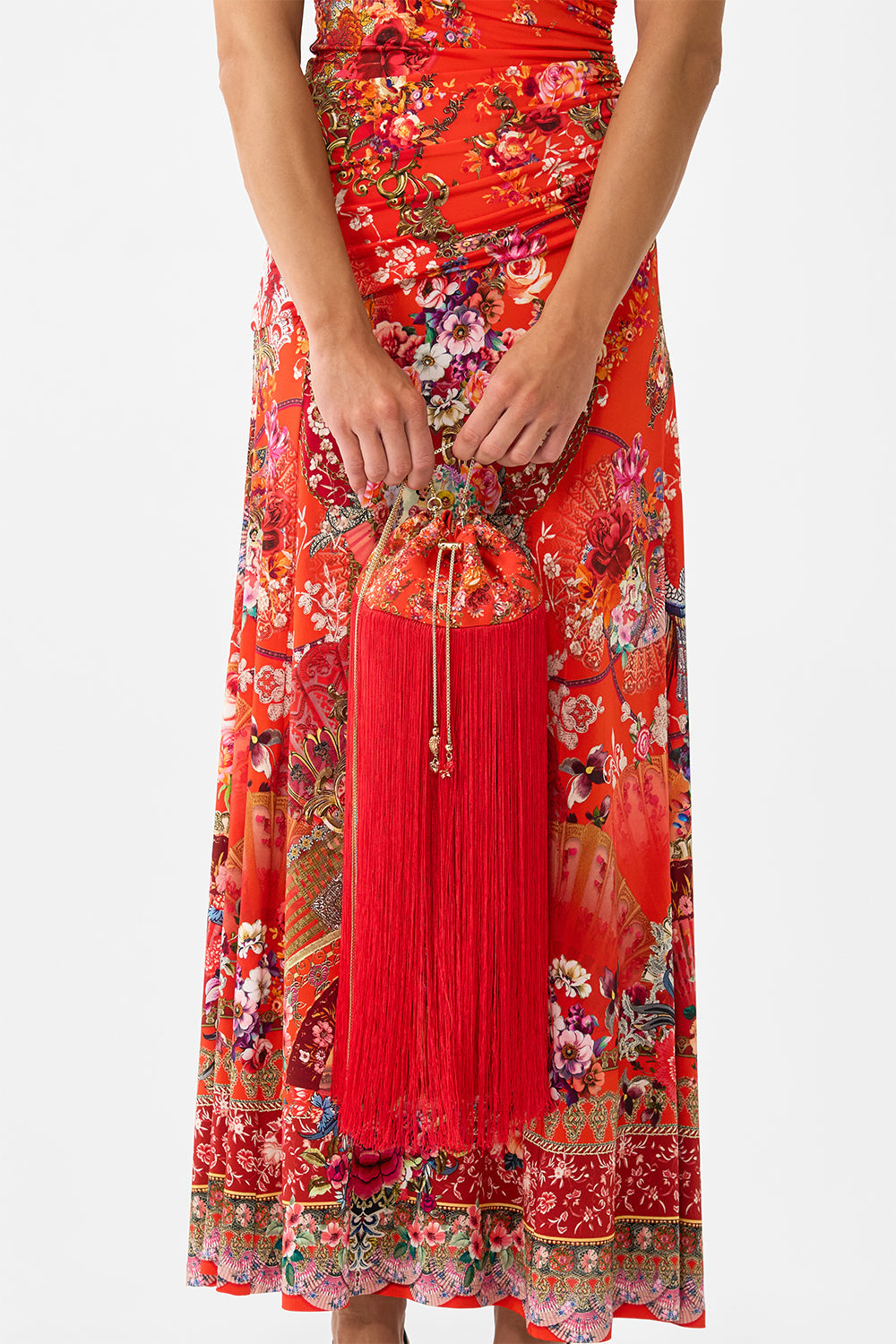 The CAMILLA TIE FRONT ONE PIECE WITH FRILL NECK AND WAIST DAUGHTERS OF DUENDE in our  print.