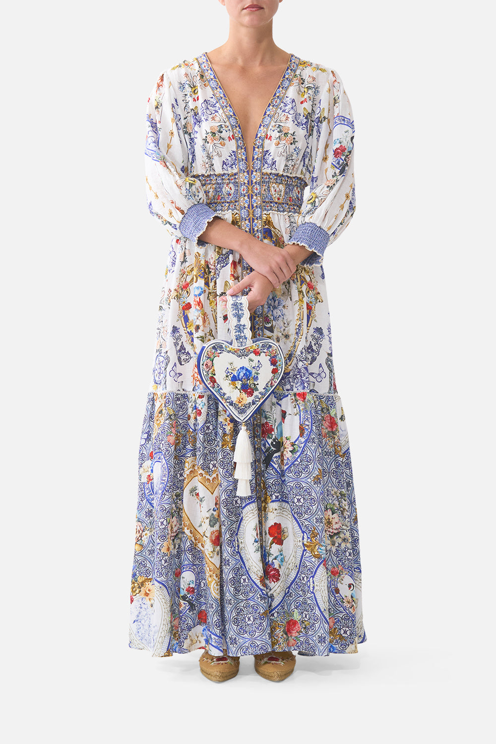 The CAMILLA V NECK RUFFLE HIGH LOW DRESS A TILED WONDERLAND in our  print.