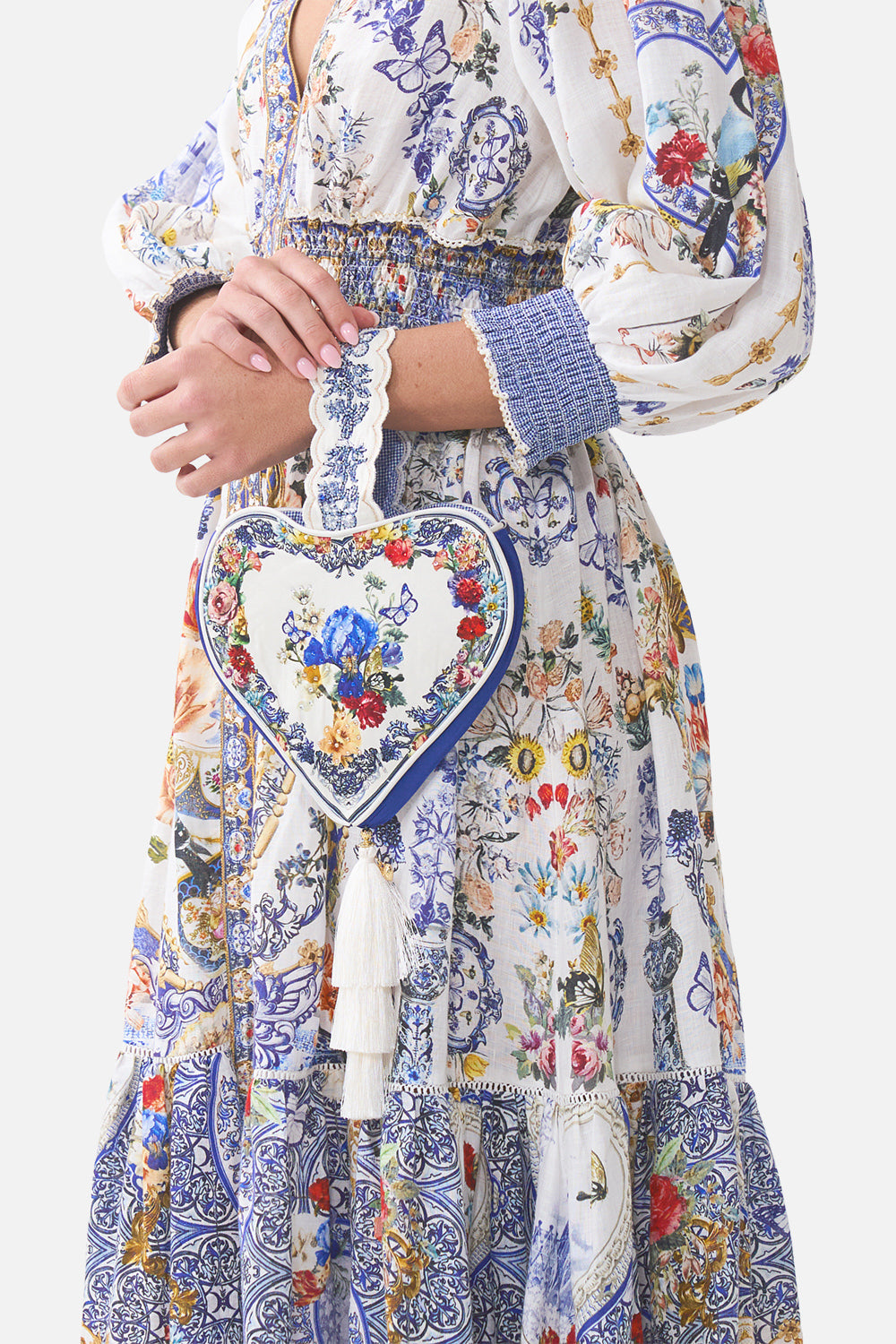 The CAMILLA V NECK RUFFLE HIGH LOW DRESS A TILED WONDERLAND in our  print.