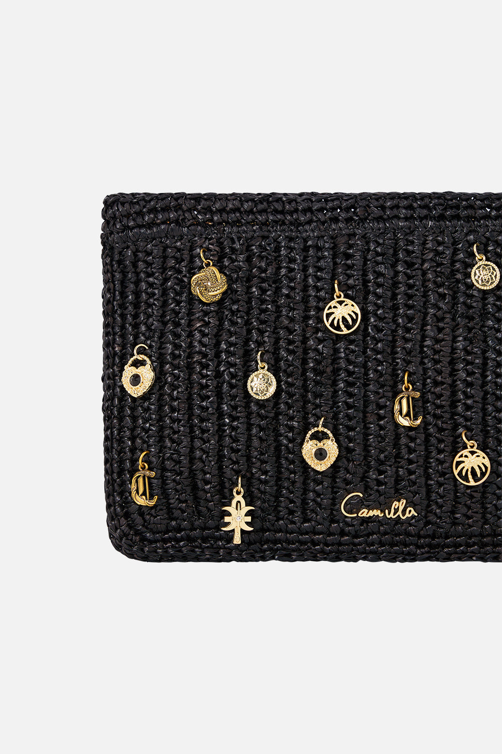 RAFFIA CLUTCH WITH CHARMS SOLID BLACK