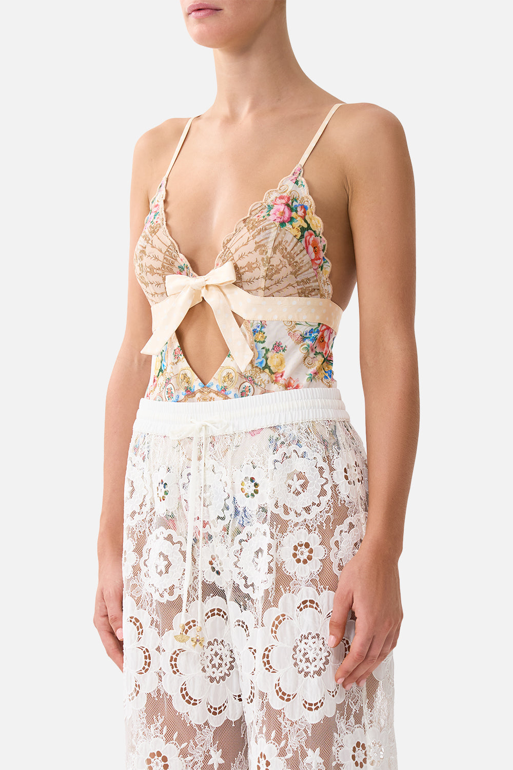 SCALLOPED EDGE TRI BODYSUIT WITH BOW FRONT I LEFT MY HEART IN GRANADA