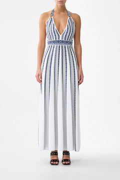 HALTER NECK KNIT DRESS WITH SILK TIE A TILED WONDERLAND