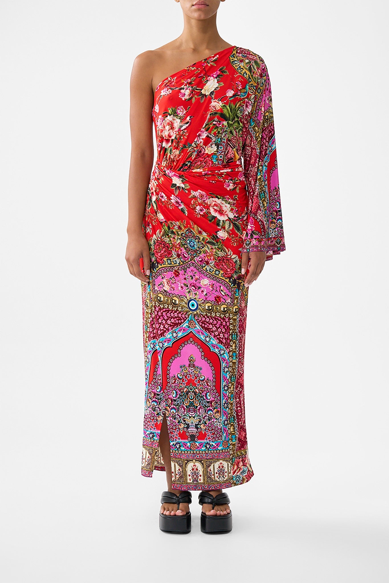 The CAMILLA LARGE CRYSTALLED SILK SQUARE SCARF NAVÀS NOUVEAU in our NAVÀS NOUVEAU print.