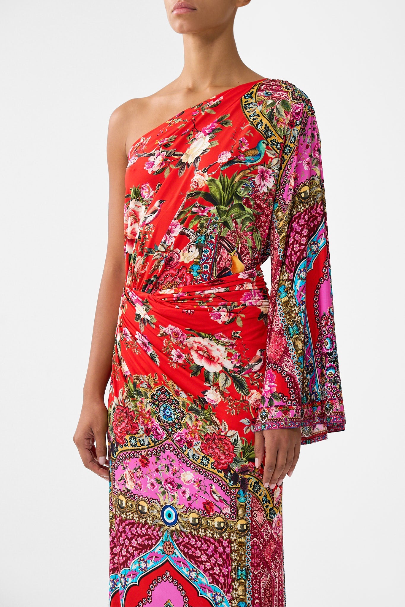 The CAMILLA TIERED MIDI DRESS WITH WAIST RUFFLE DETAIL LADY LIMONADA in our LADY LIMONADA print.