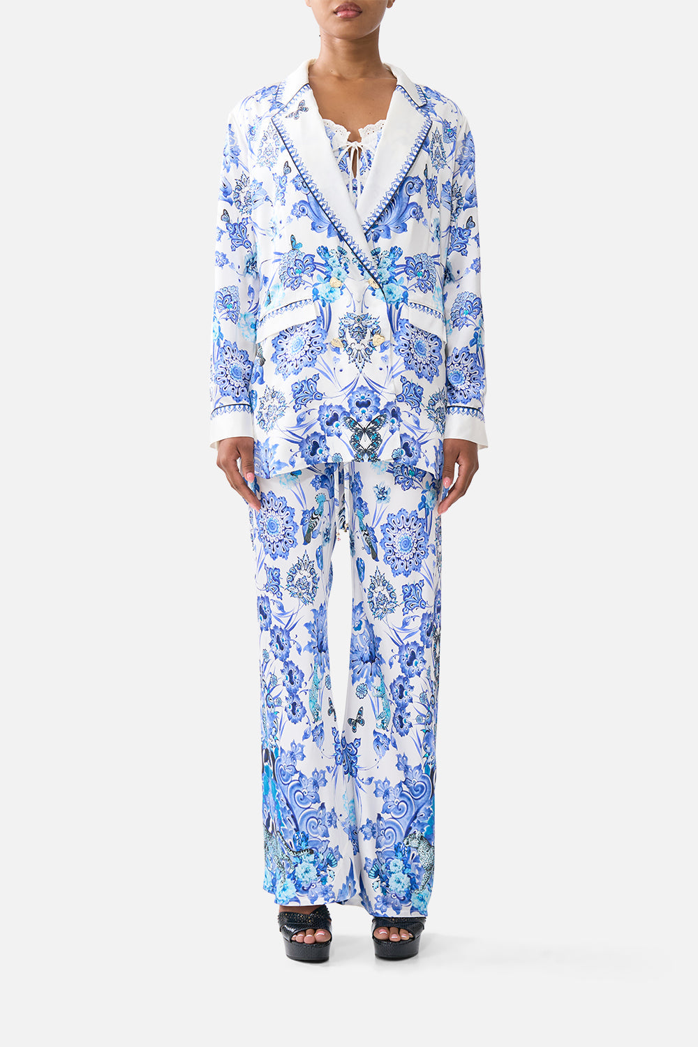 The CAMILLA BIAS SLIP DRESS WITH LACE EDGE DETAIL LADY LIMONADA in our  print.