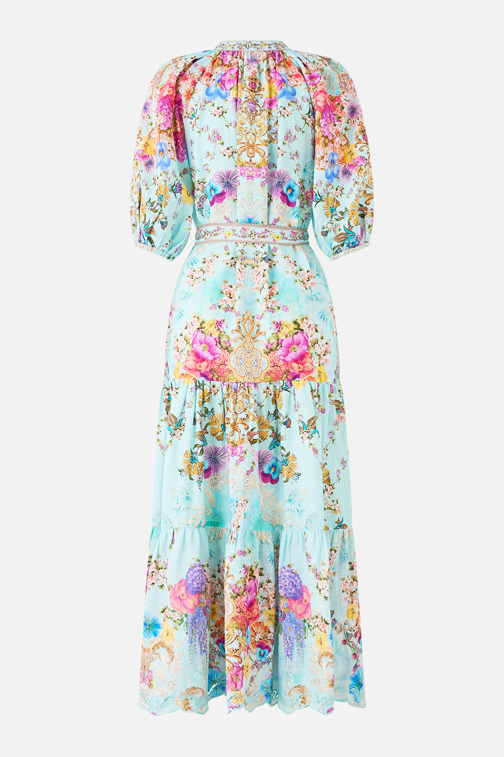 The CAMILLA LONG SLEEVED CORSET CROP TOP A TILED WONDERLAND in our  print.
