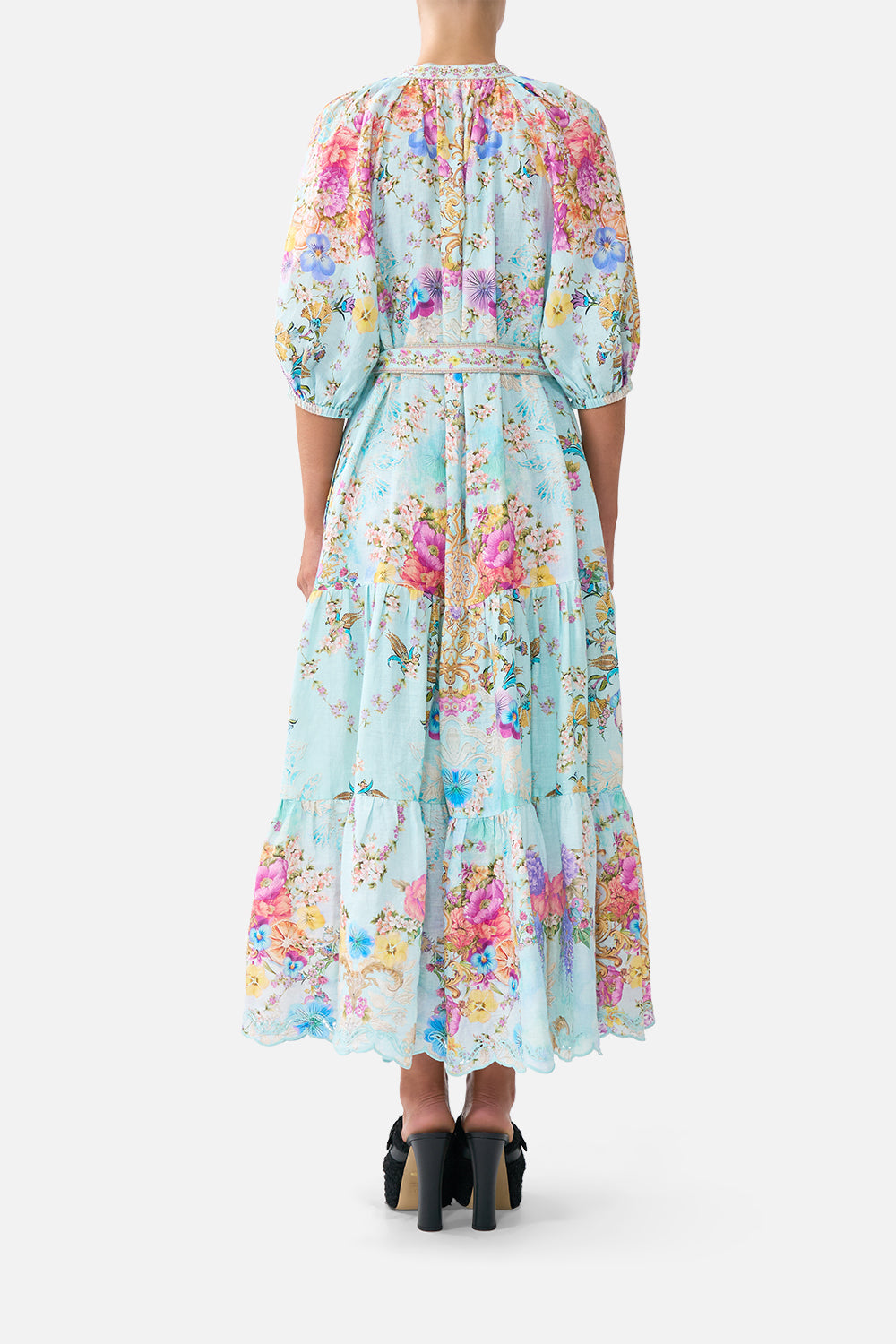 PUFF SLEEVE MIDI SHIRT DRESS WITH TIE BAZAAR BLOOMS