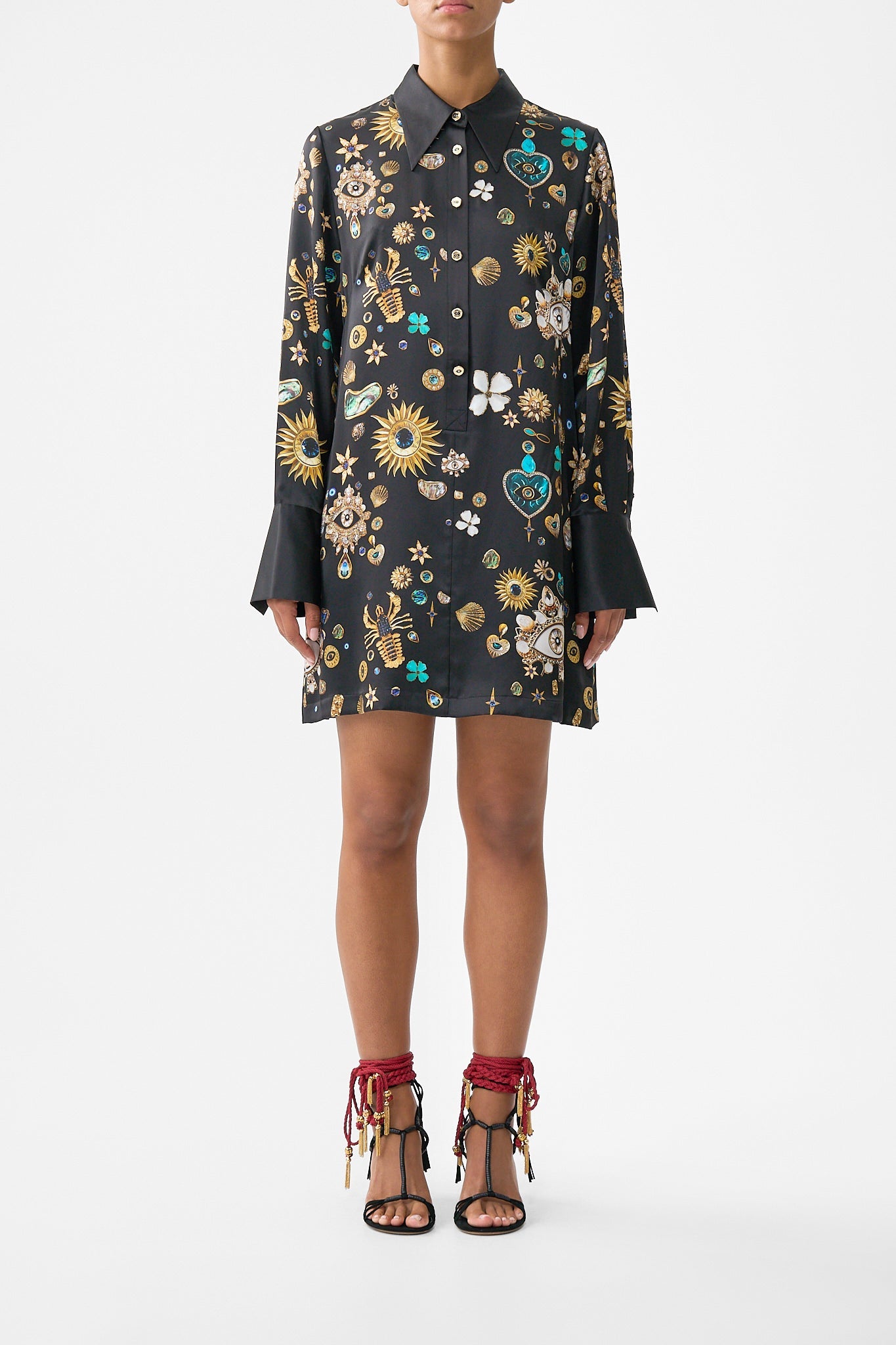 The CAMILLA LACE UP FRONT LONG DRESS MIDSUMMER MOSAICS in our  print.