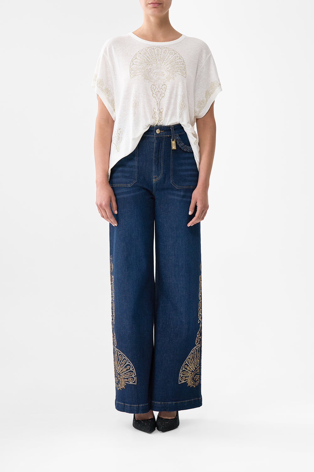 The CAMILLA SHORT SLEEVE CAMP COLLARED SHIRT AMULETS AND ALCHEMY in our  print.