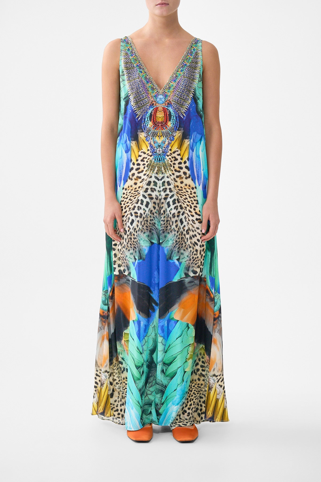 The CAMILLA COWL NECK HALTER DRESS NOTES FROM THE BLUE ROOM in our  print.