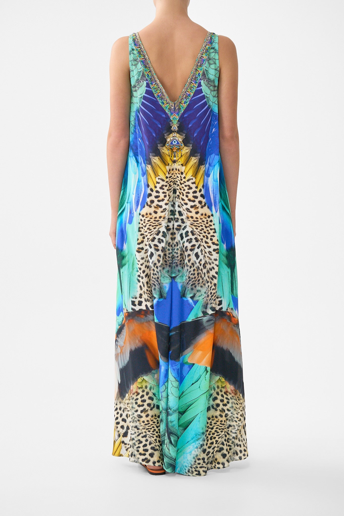 The CAMILLA COWL NECK HALTER DRESS NOTES FROM THE BLUE ROOM in our  print.