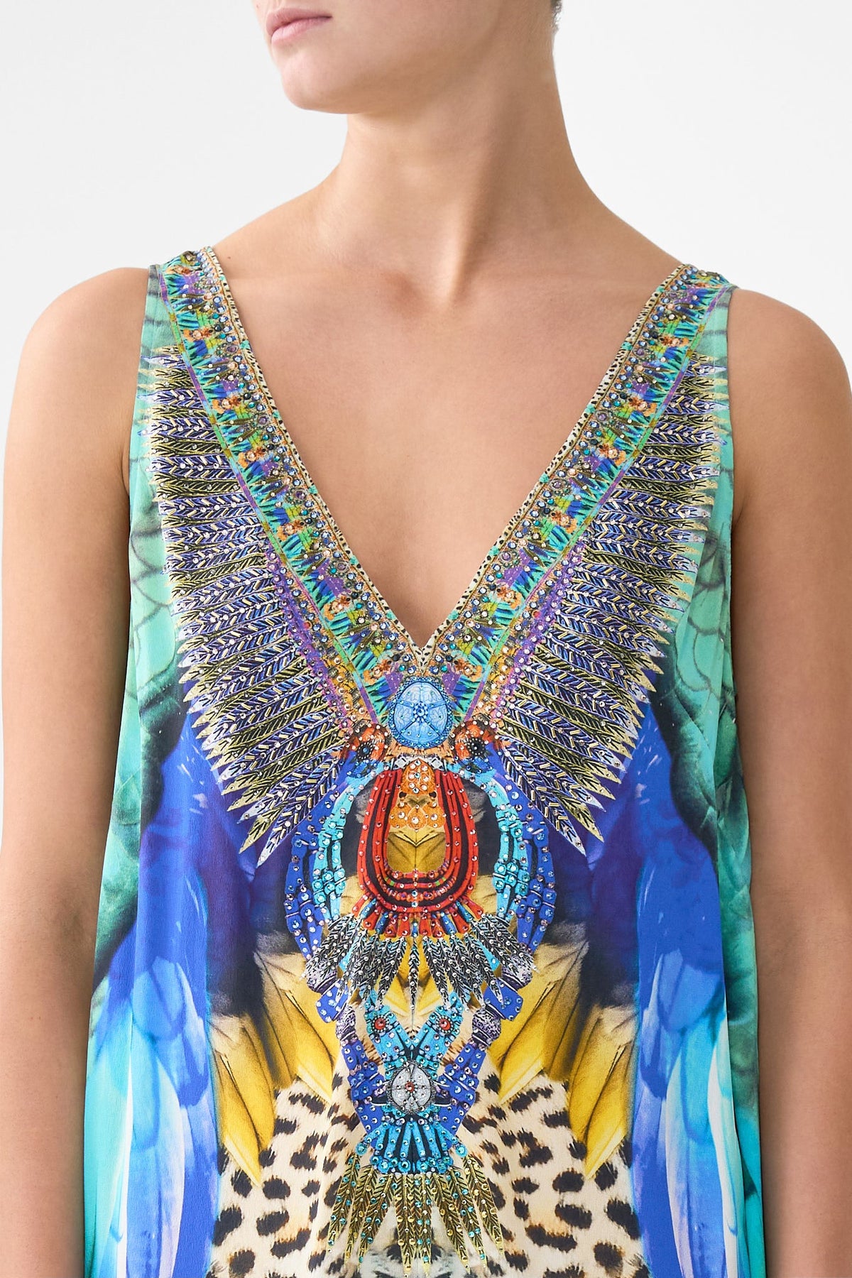 V NECK FLARED JUMPSUIT JUNGLE FLIGHT