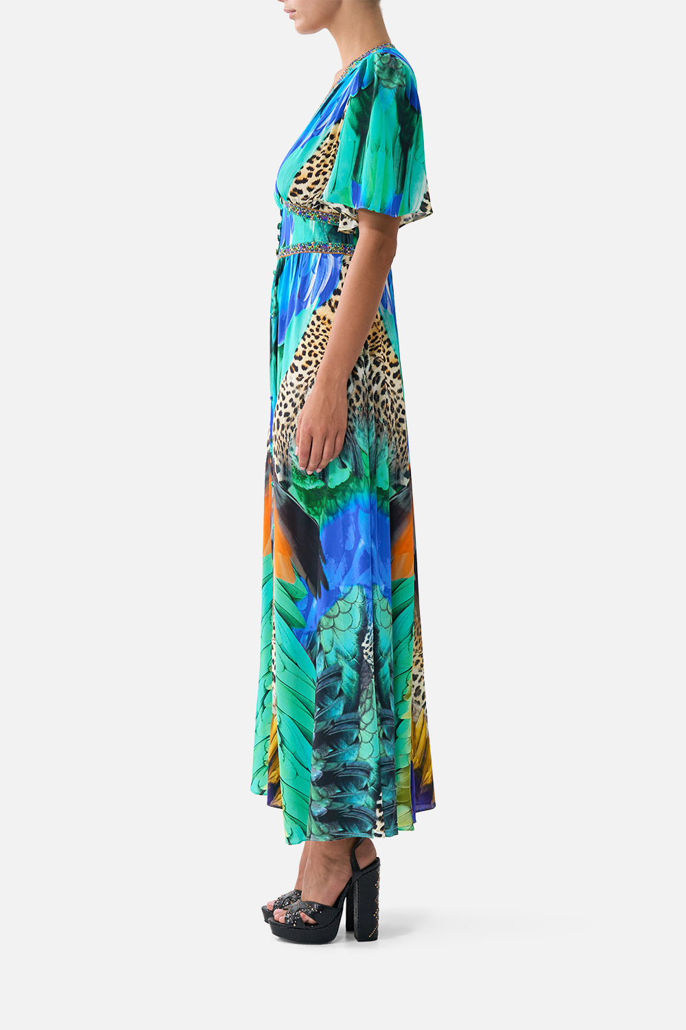 The CAMILLA RUFFLE HEM HALTER SHORT DRESS MEET ME IN MALLORCA in our  print.