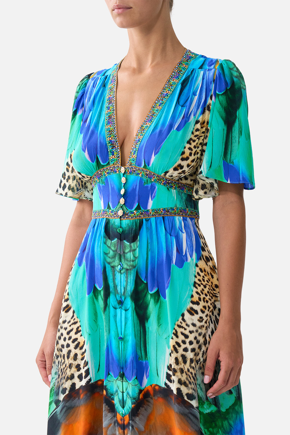 The CAMILLA RUFFLE HEM HALTER SHORT DRESS MEET ME IN MALLORCA in our  print.