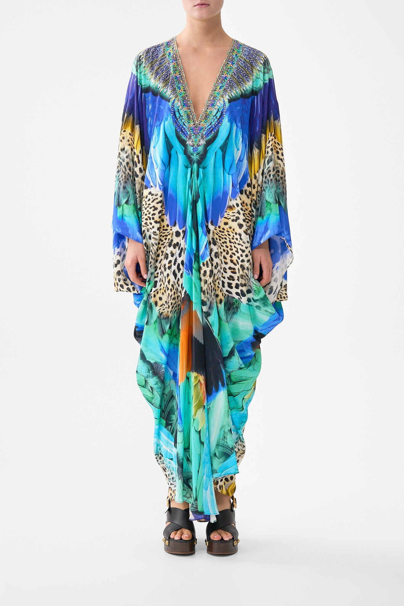 The CAMILLA TIE SLEEVE SHORT V NECK KAFTAN MEET ME IN MALLORCA in our  print.