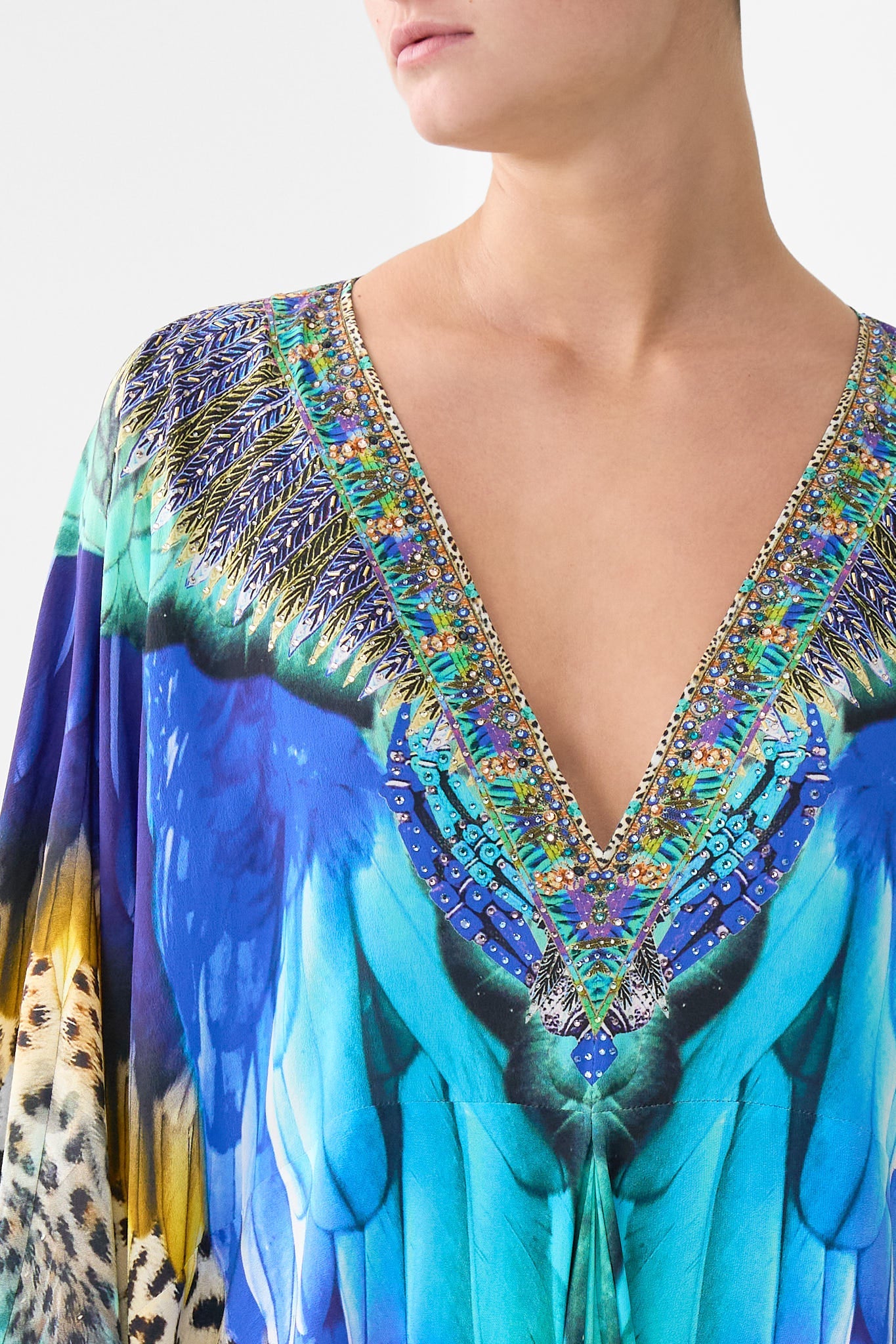 The CAMILLA TIE SLEEVE SHORT V NECK KAFTAN MEET ME IN MALLORCA in our  print.