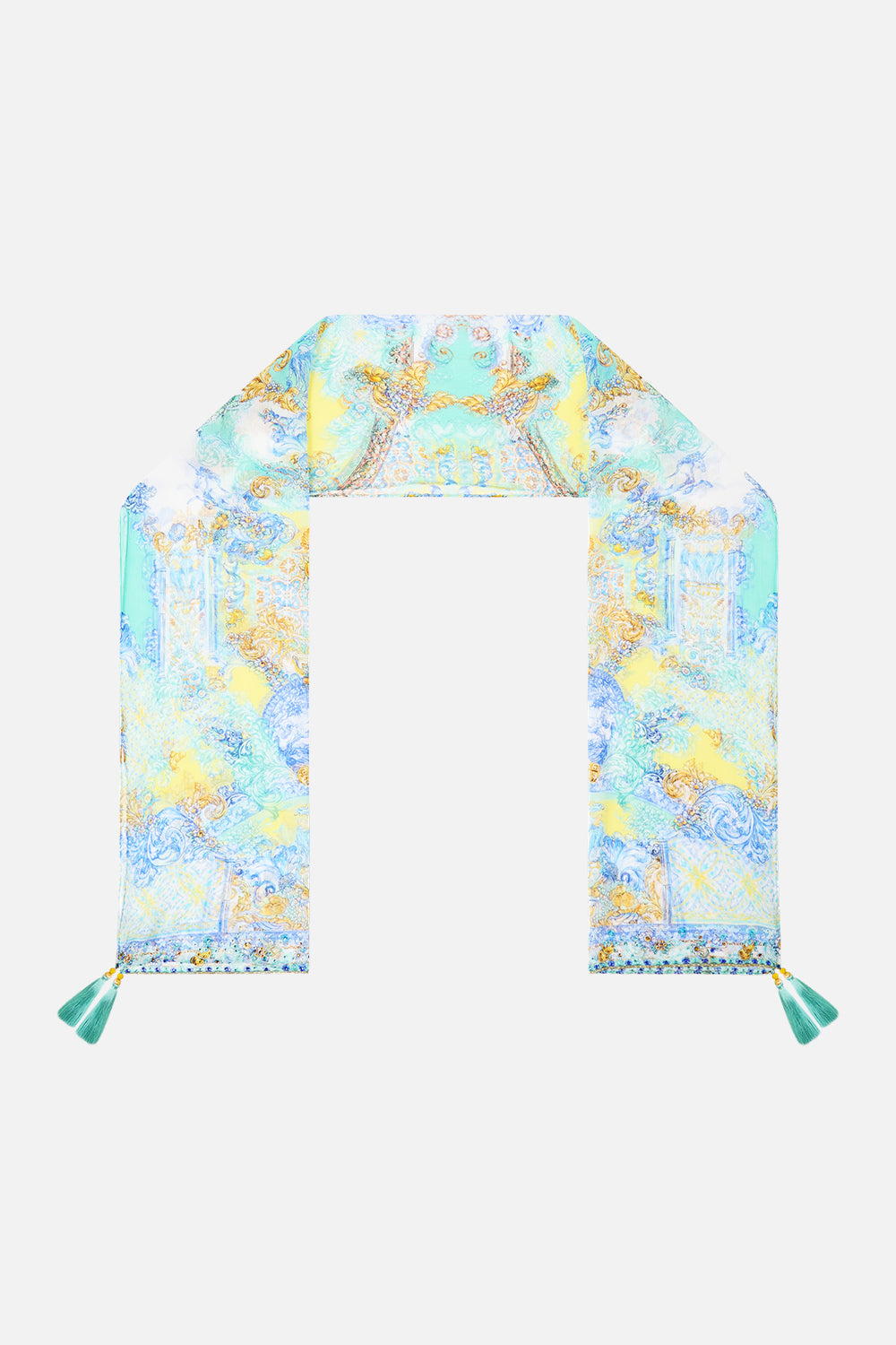 The CAMILLA KIMONO SLEEVE DRESS WITH SHIRRING DETAIL LACED WITH LOVE in our  print.