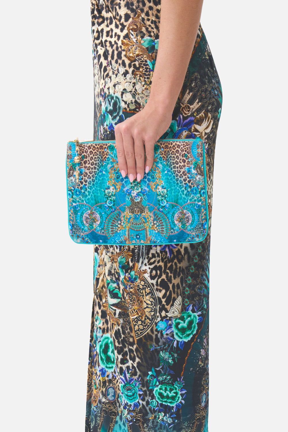 The CAMILLA LONG BUTTON FRONT DRESS TAURUS RISING in our  print.