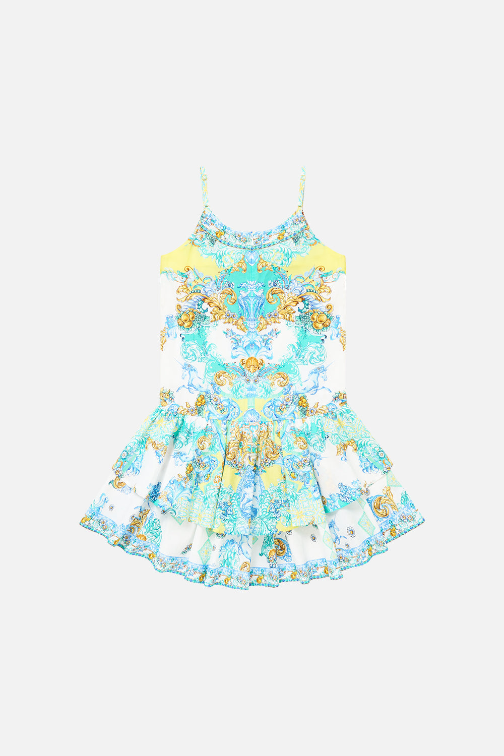 The CAMILLA SHIRRED WAIST MINI DRESS LIVIN LA VIDA ROSA in our  print.