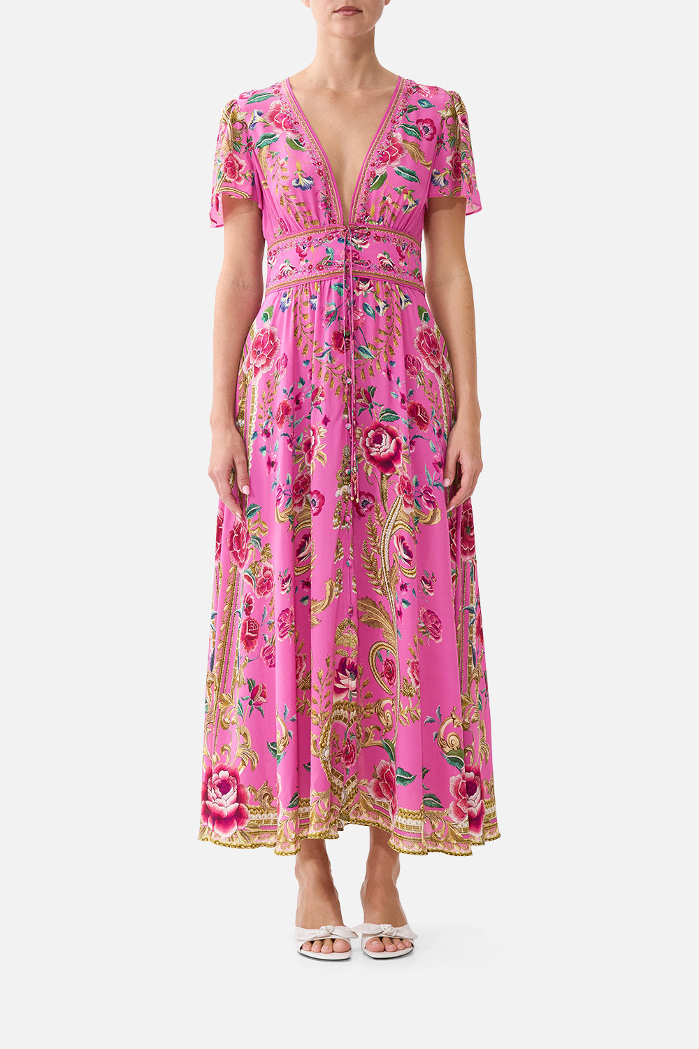The CAMILLA ONE SHOULDER JERSEY CUT OUT DRESS NIGHT GARDEN in our  print.