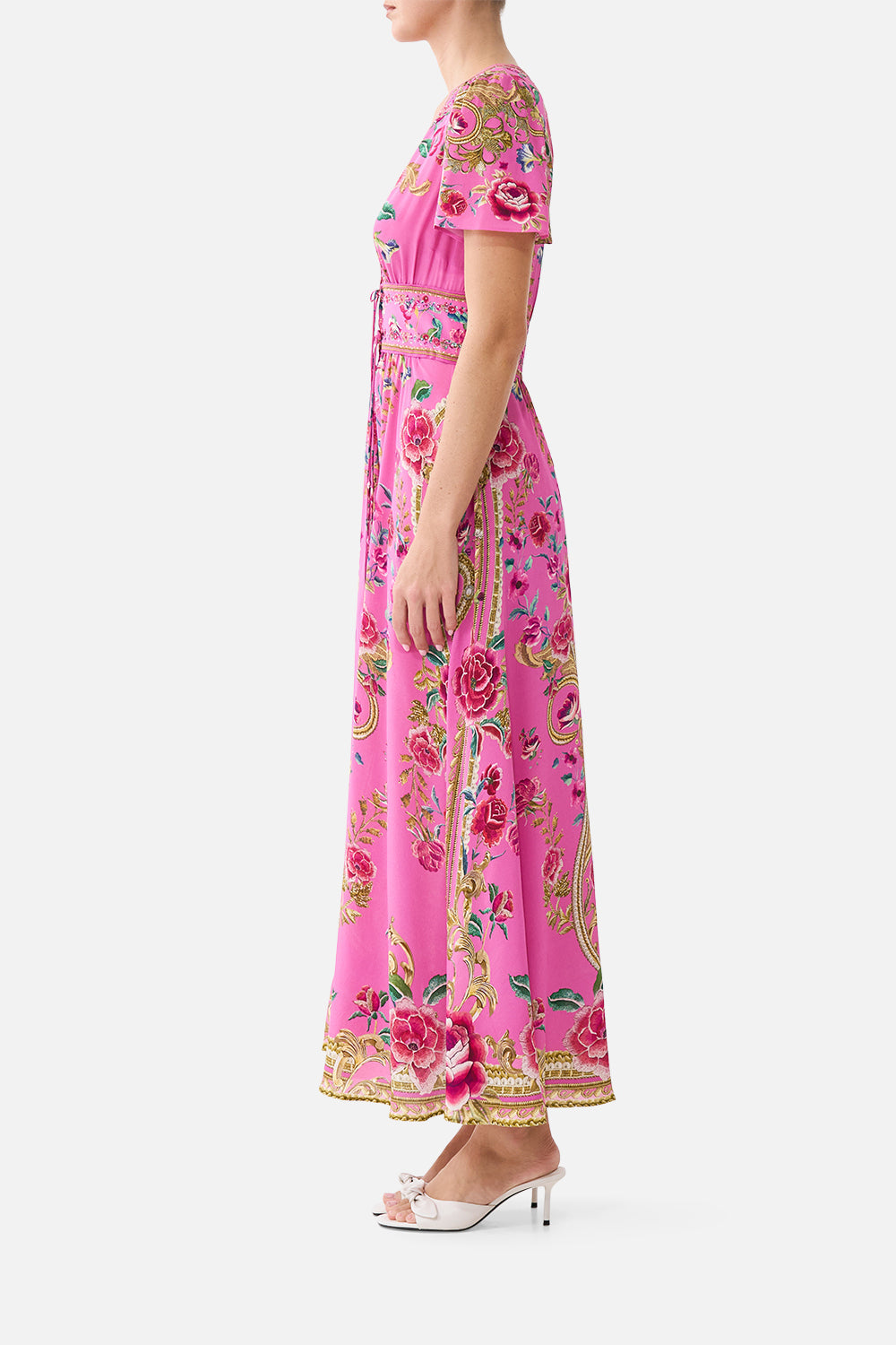 The CAMILLA ONE SHOULDER JERSEY CUT OUT DRESS NIGHT GARDEN in our  print.