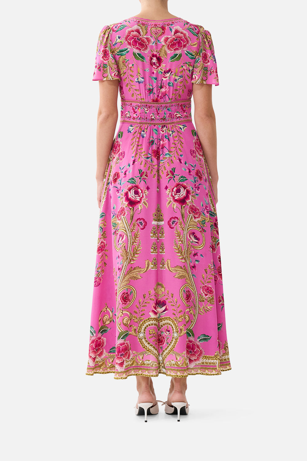 The CAMILLA ONE SHOULDER JERSEY CUT OUT DRESS NIGHT GARDEN in our  print.