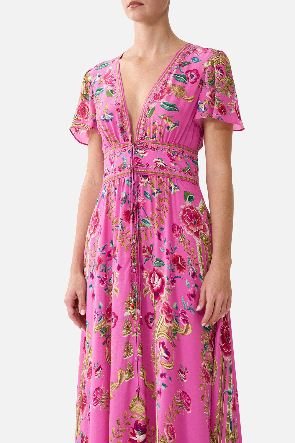 The CAMILLA ONE SHOULDER JERSEY CUT OUT DRESS NIGHT GARDEN in our  print.