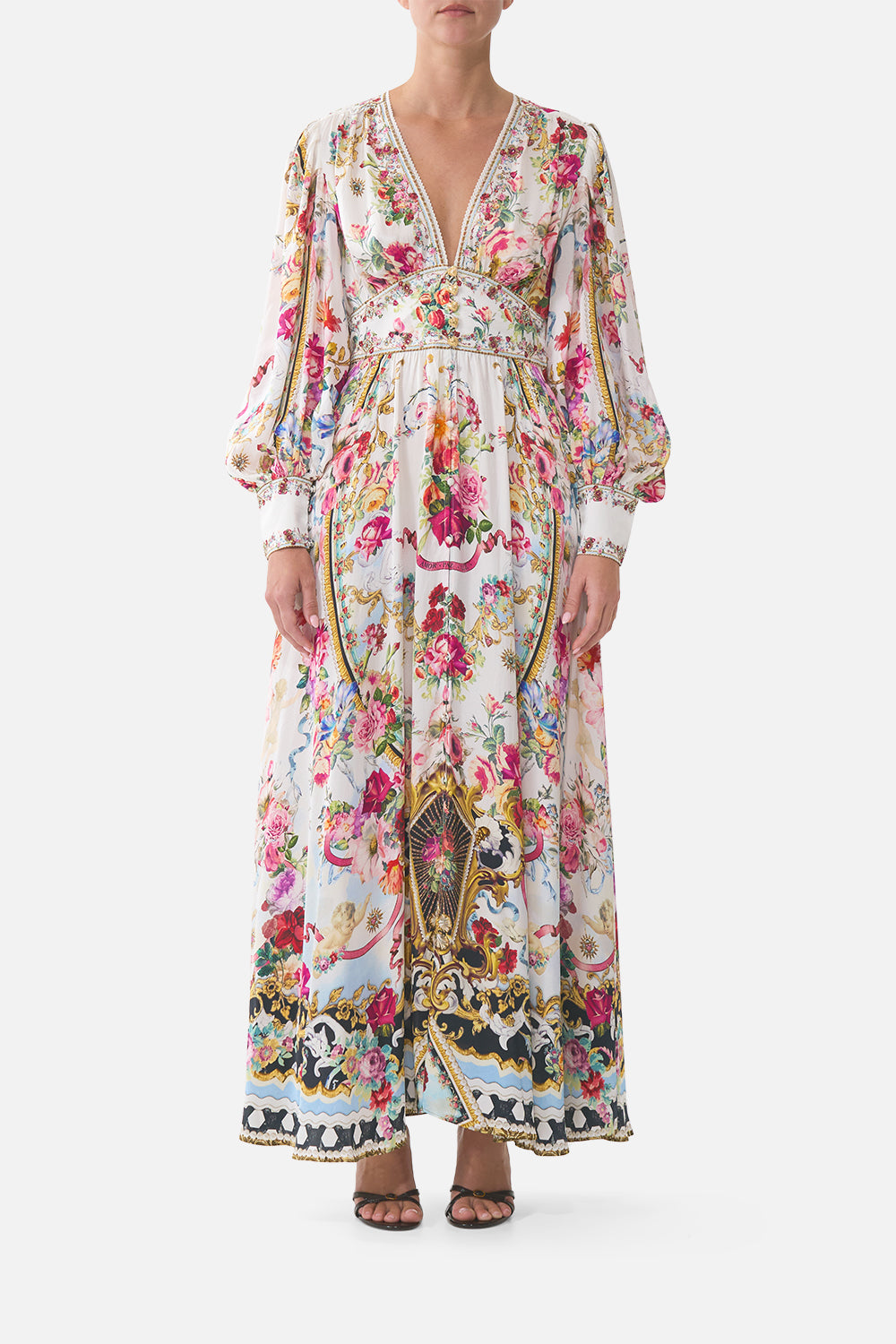 The CAMILLA CORSET WAIST WIDE LEG PANT MIDSUMMER MASTERPIECE in our  print.