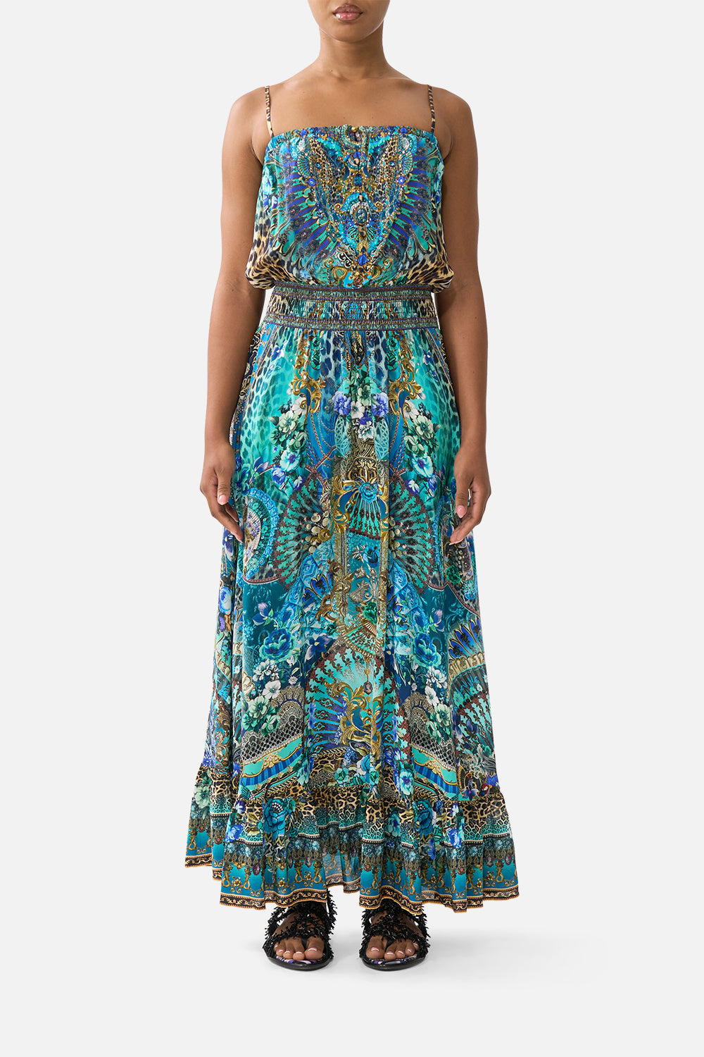 The CAMILLA TIE SLEEVE SHORT V NECK KAFTAN PAINTED PRAYERS in our  print.