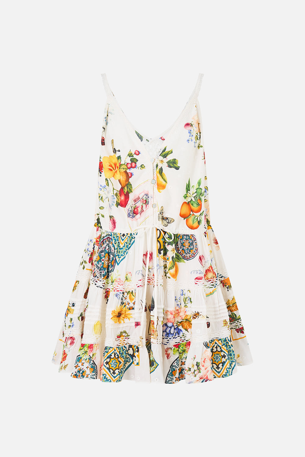 The CAMILLA SHORT V NECK KAFTAN W RING FRONT TRIM WANDERLUST EMPIRE in our  print.