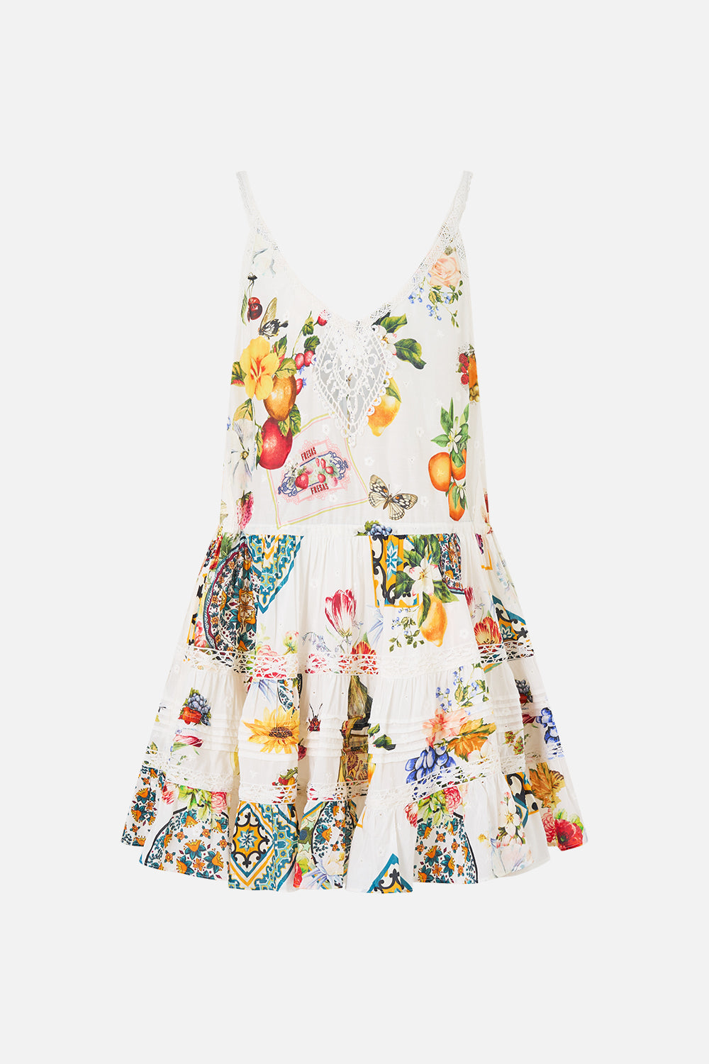 The CAMILLA SHORT V NECK KAFTAN W RING FRONT TRIM WANDERLUST EMPIRE in our  print.