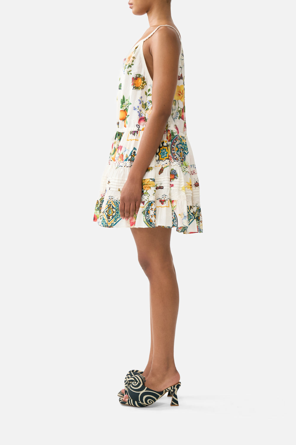 The CAMILLA gather waist short dress in our print Magic of the Mercado. Side model view.
