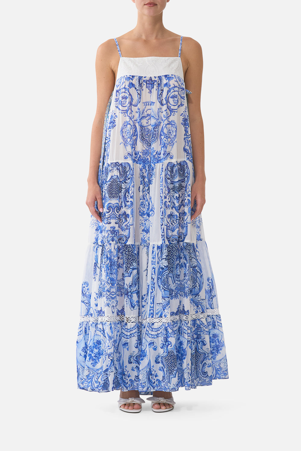 The CAMILLA MID LENGTH BOARDSHORT WITH ELASTIC WAIST DANDELION SKIES in our  print.