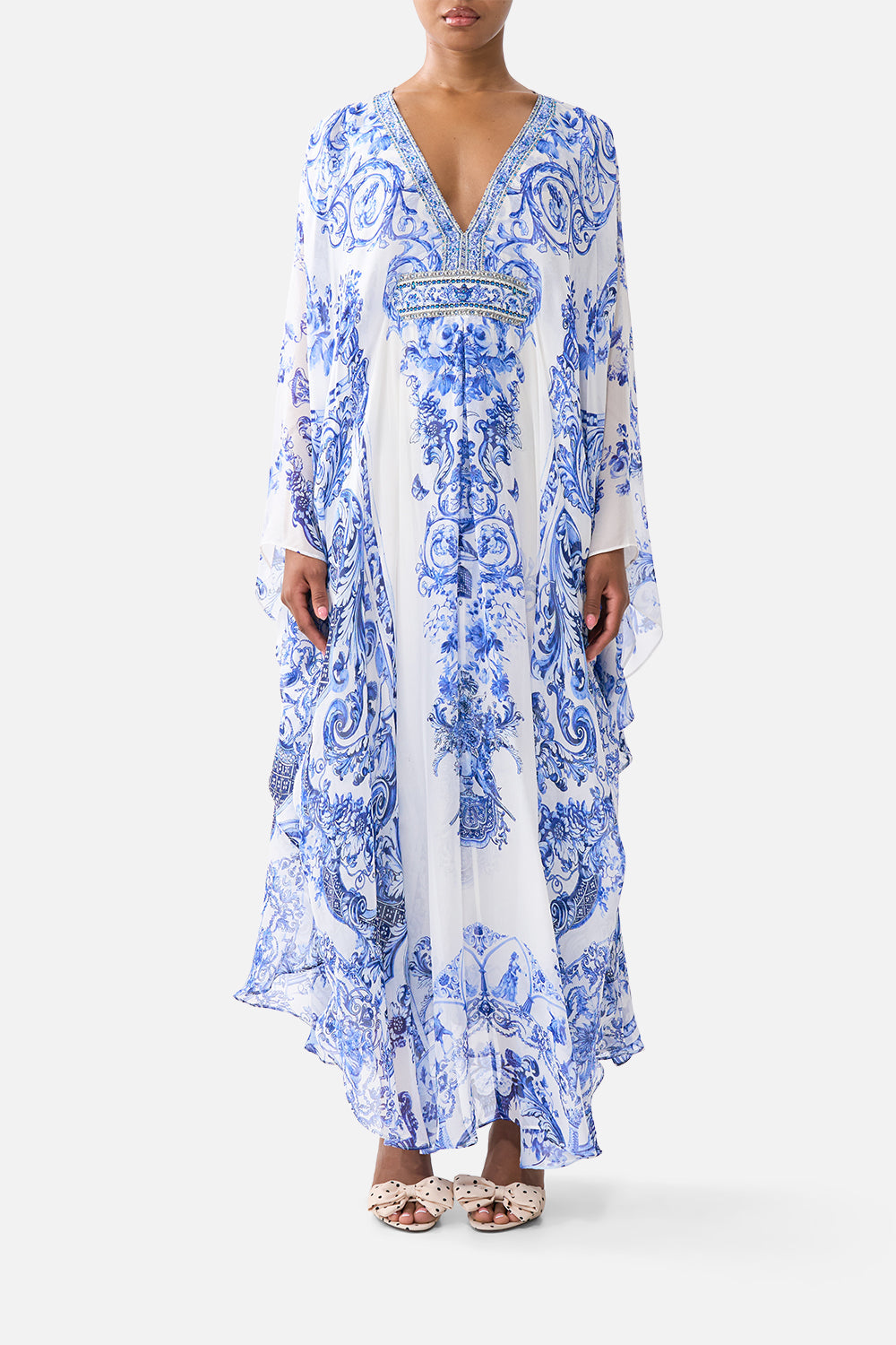 The CAMILLA ASYMMETRIC FRILL PANELLED DRESS LACED WITH LOVE in our  print.