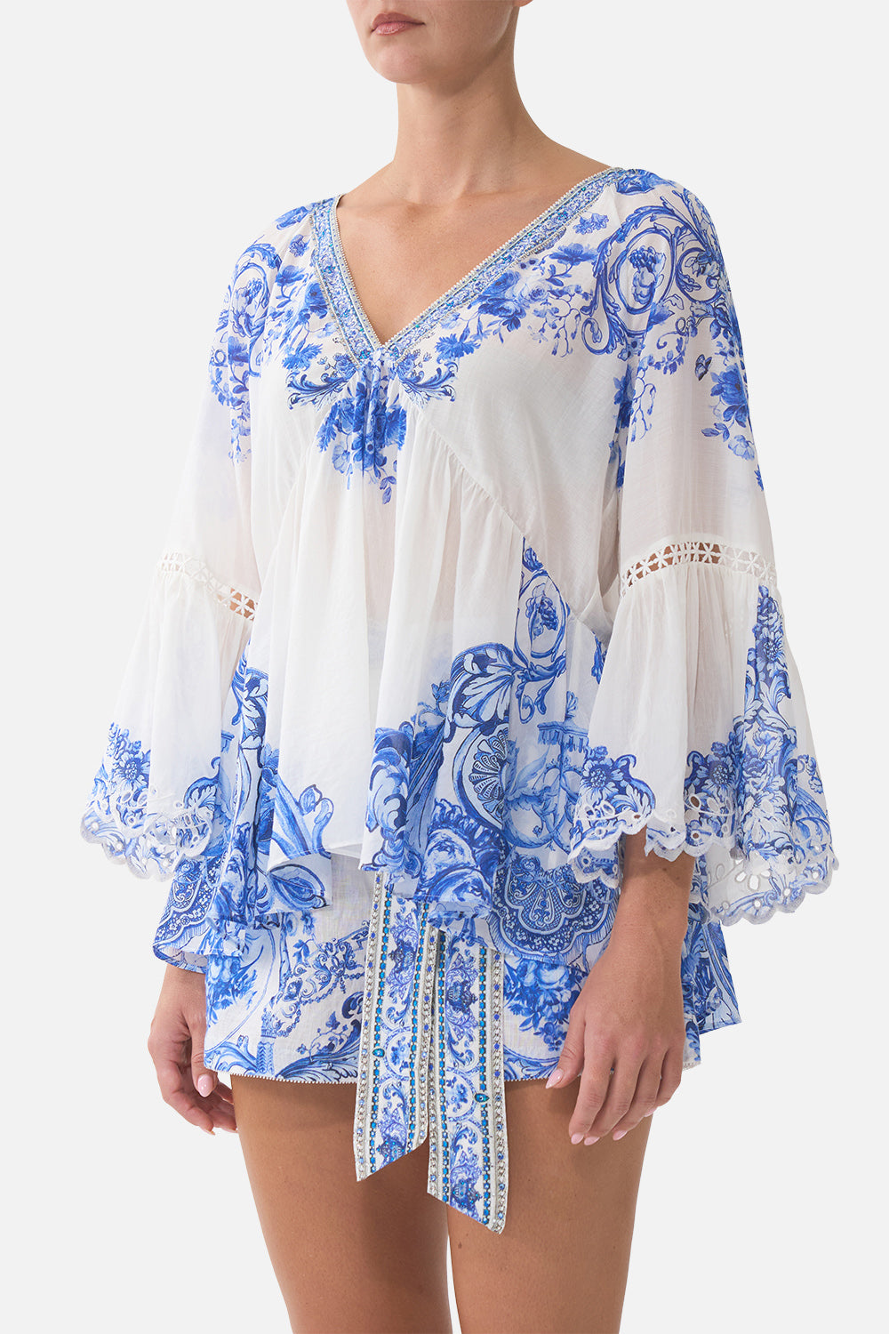 RAGLAN BLOUSE WITH SLEEVE RUFFLE CERAMIC PANORAMIC