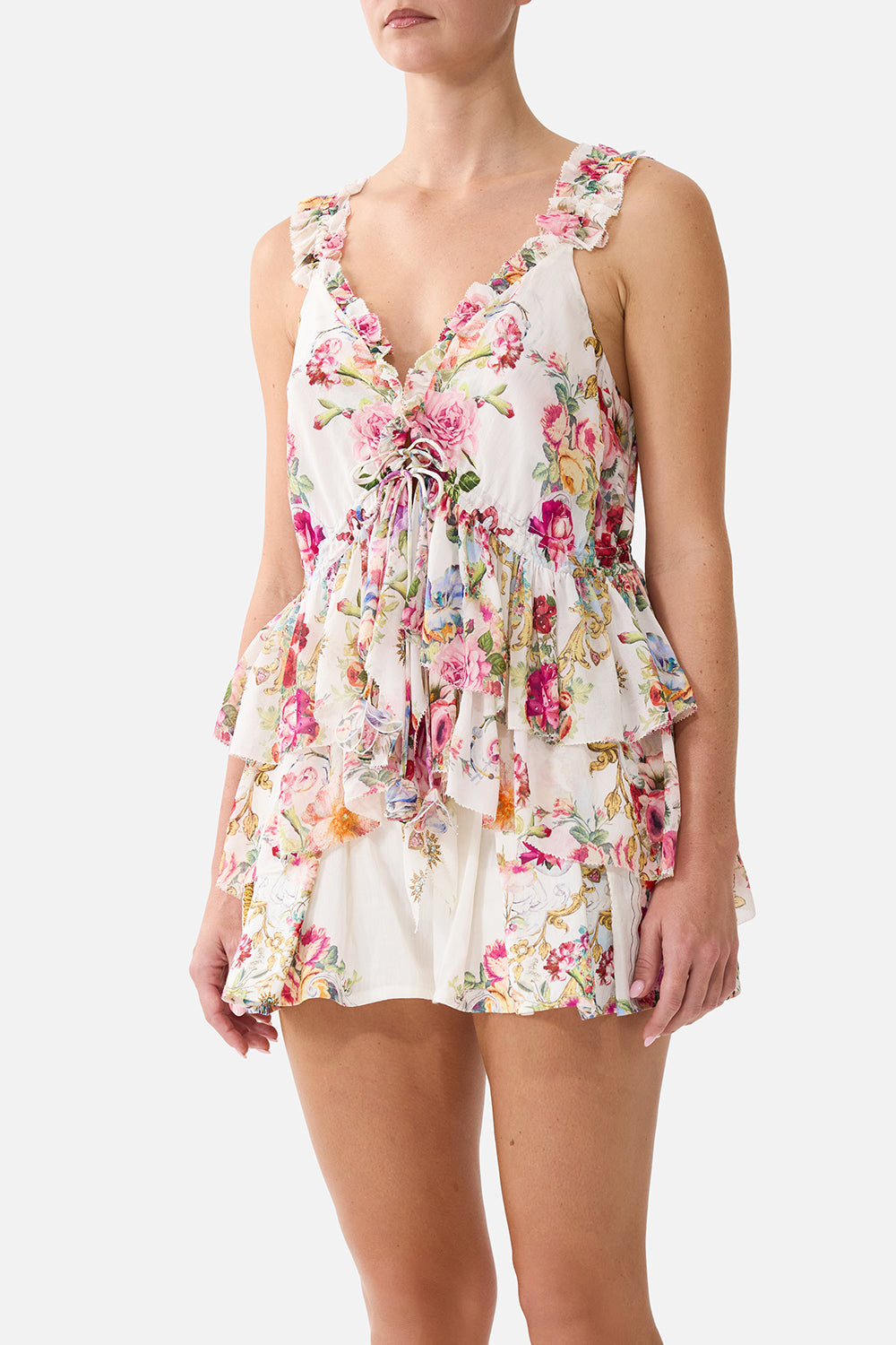 The CAMILLA SHIRRED CUFF BLOUSE FIESTA, SIESTA, REPEAT in our  print.