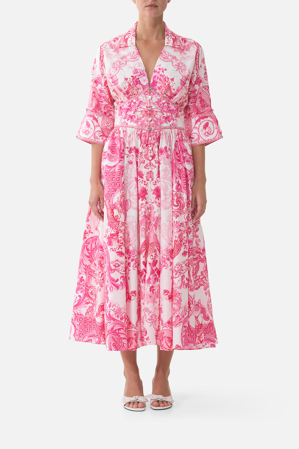 The CAMILLA SHORT SLEEVE CAMP COLLARED SHIRT THE POTTERY PARLOUR in our THE POTTERY PARLOUR print.