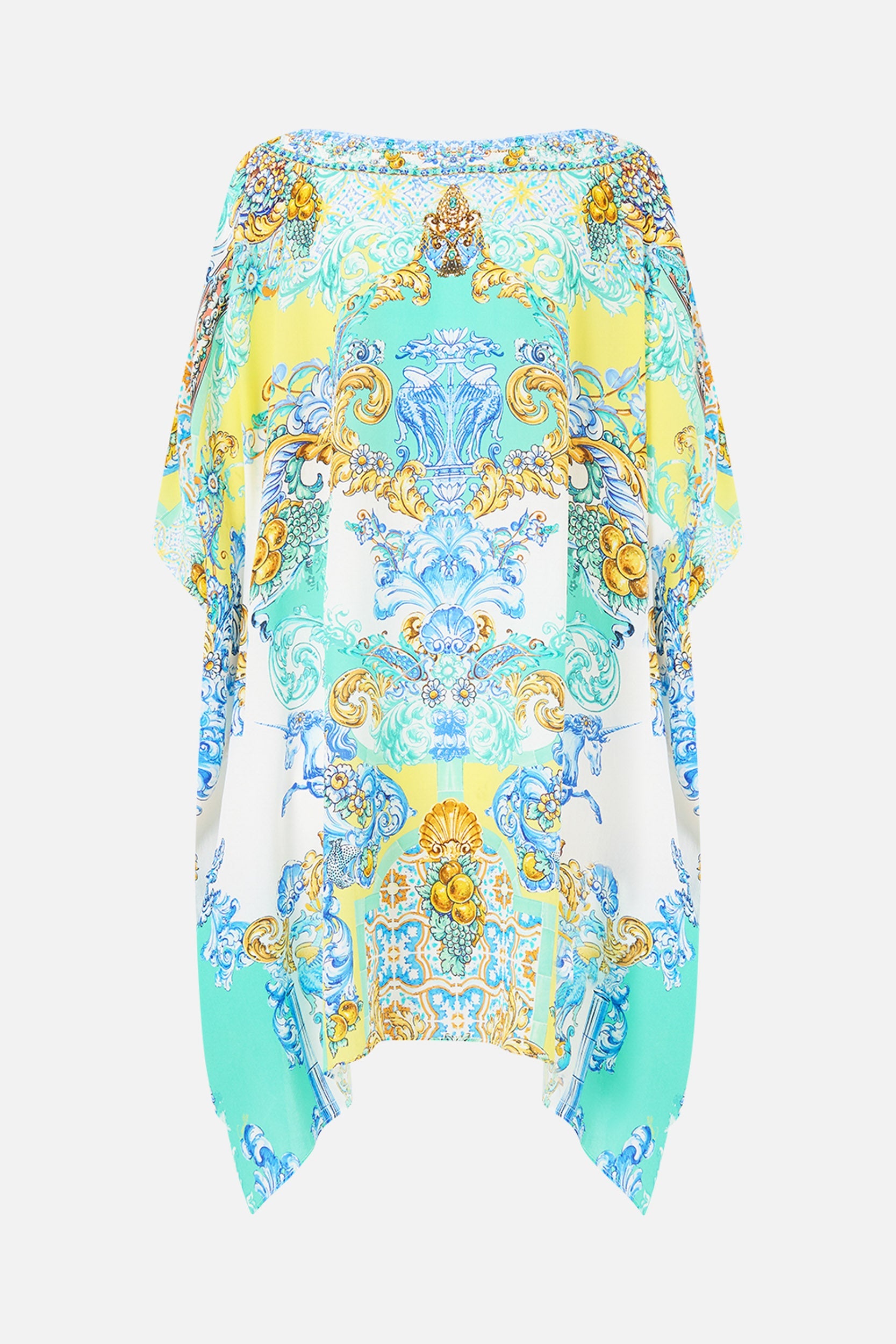 The CAMILLA KNIT JUMPER WITH PLEATED SILK BACK FIESTA, SIESTA, REPEAT in our  print.