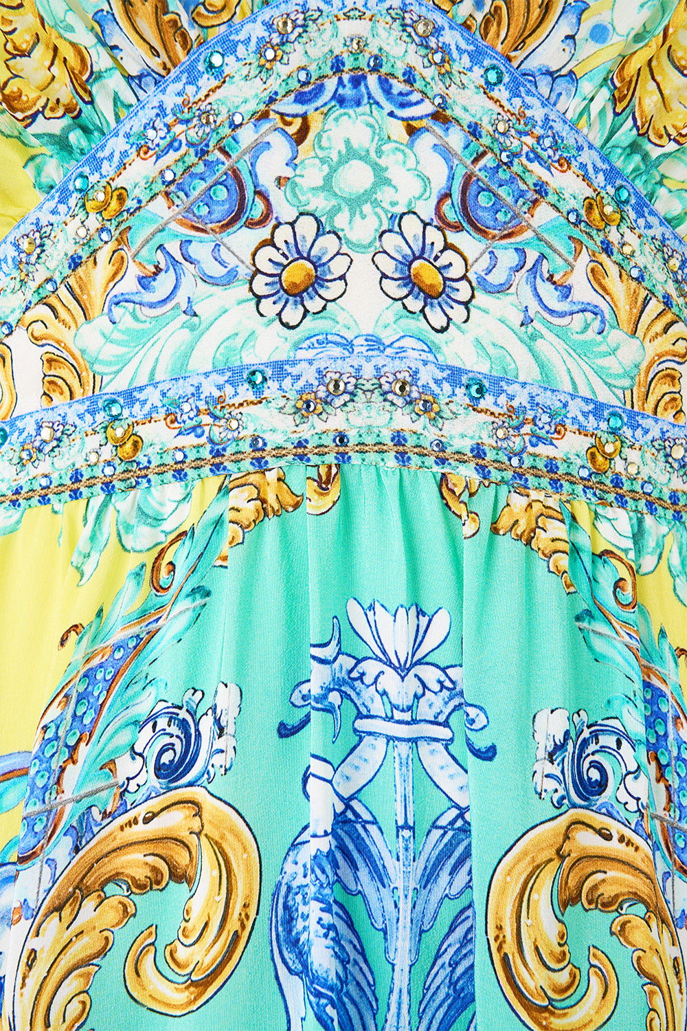 The CAMILLA FITTED JERSEY SHIRT FIESTA, SIESTA, REPEAT in our  print.
