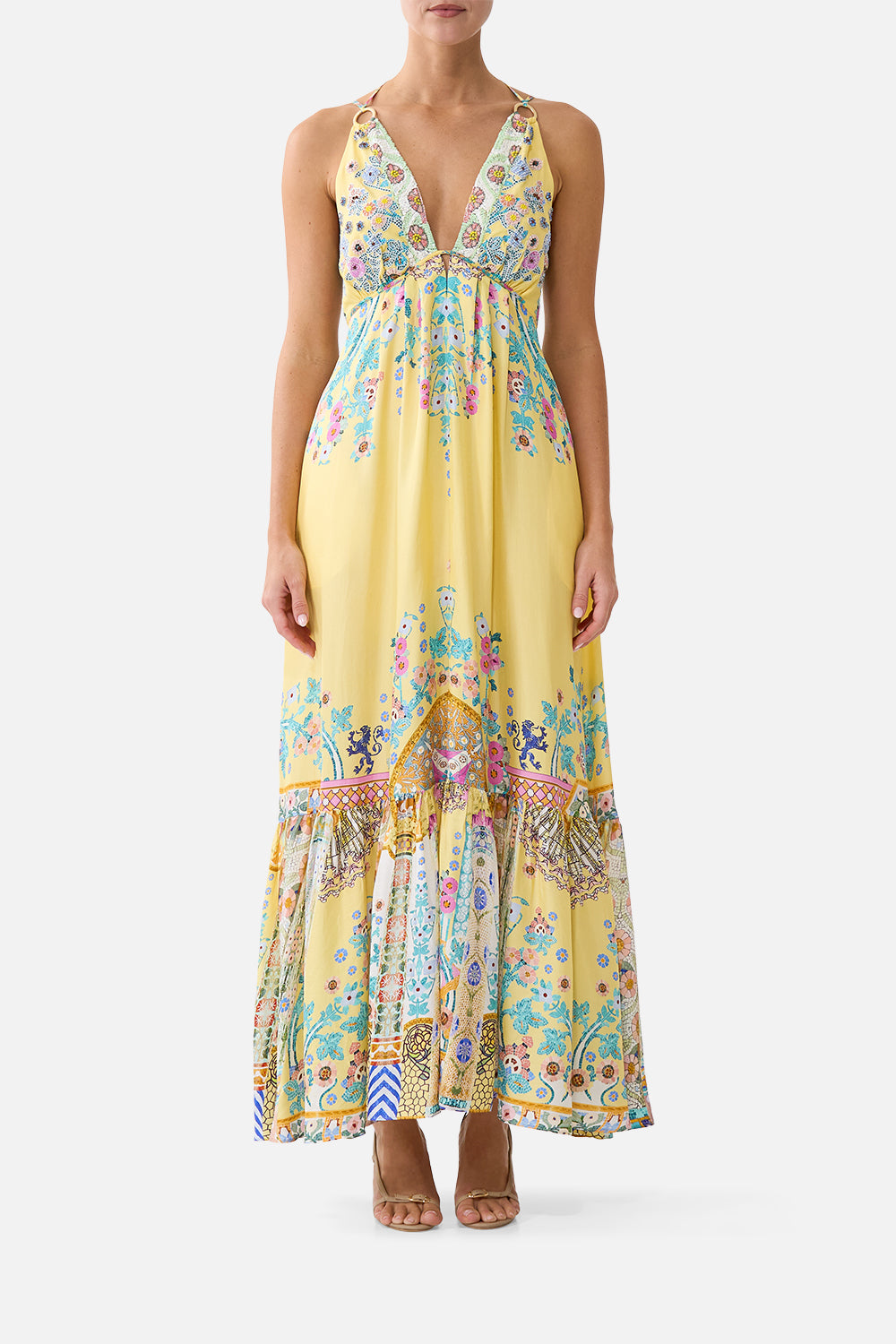 The CAMILLA A-LINE GATHERED PANEL DRESS CERAMIC PANORAMIC in our CERAMIC PANORAMIC print.