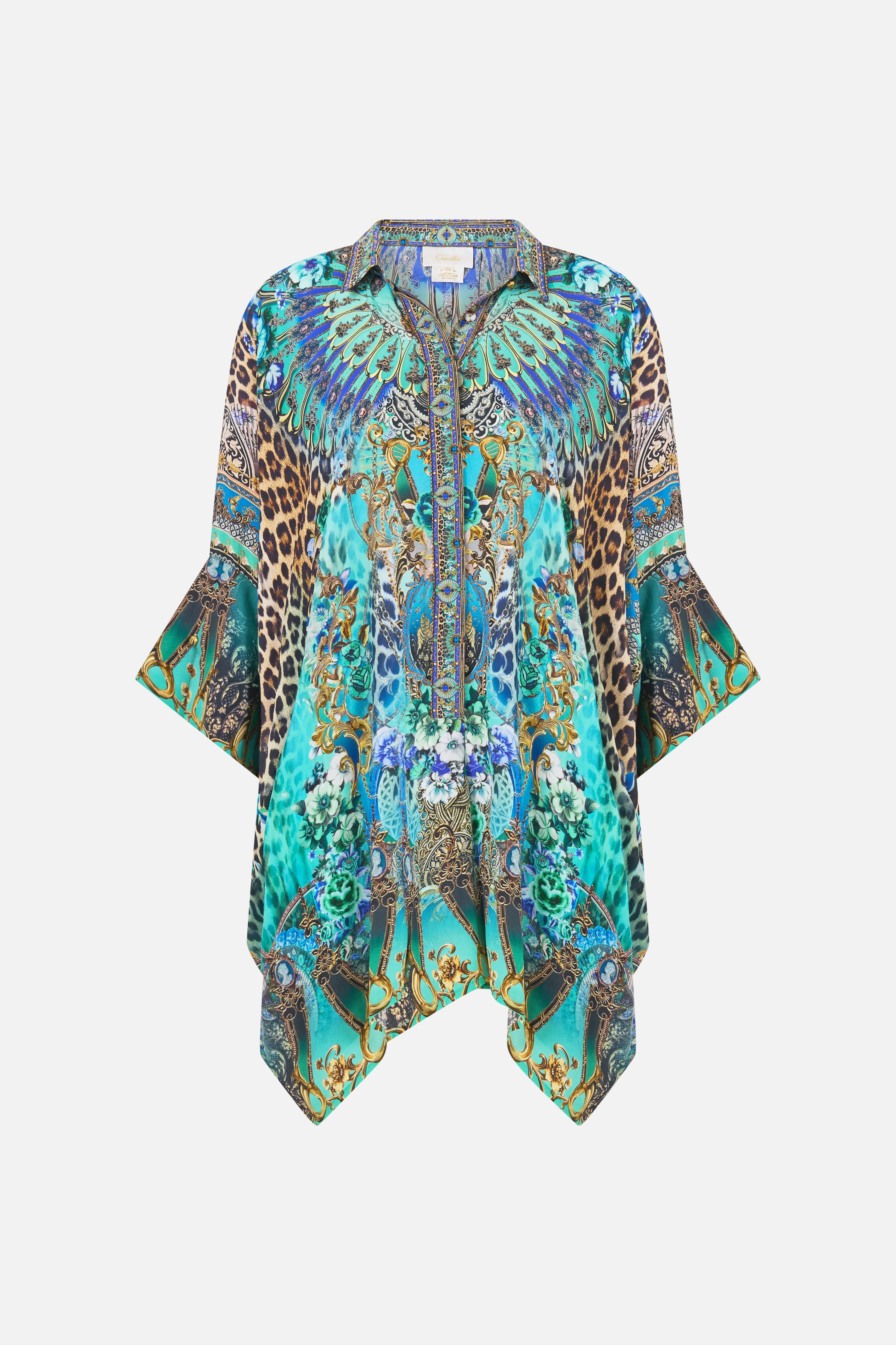 The CAMILLA LONG V NECK KAFTAN WITH RING FRONT TRIM MEET ME IN MALLORCA in our  print.